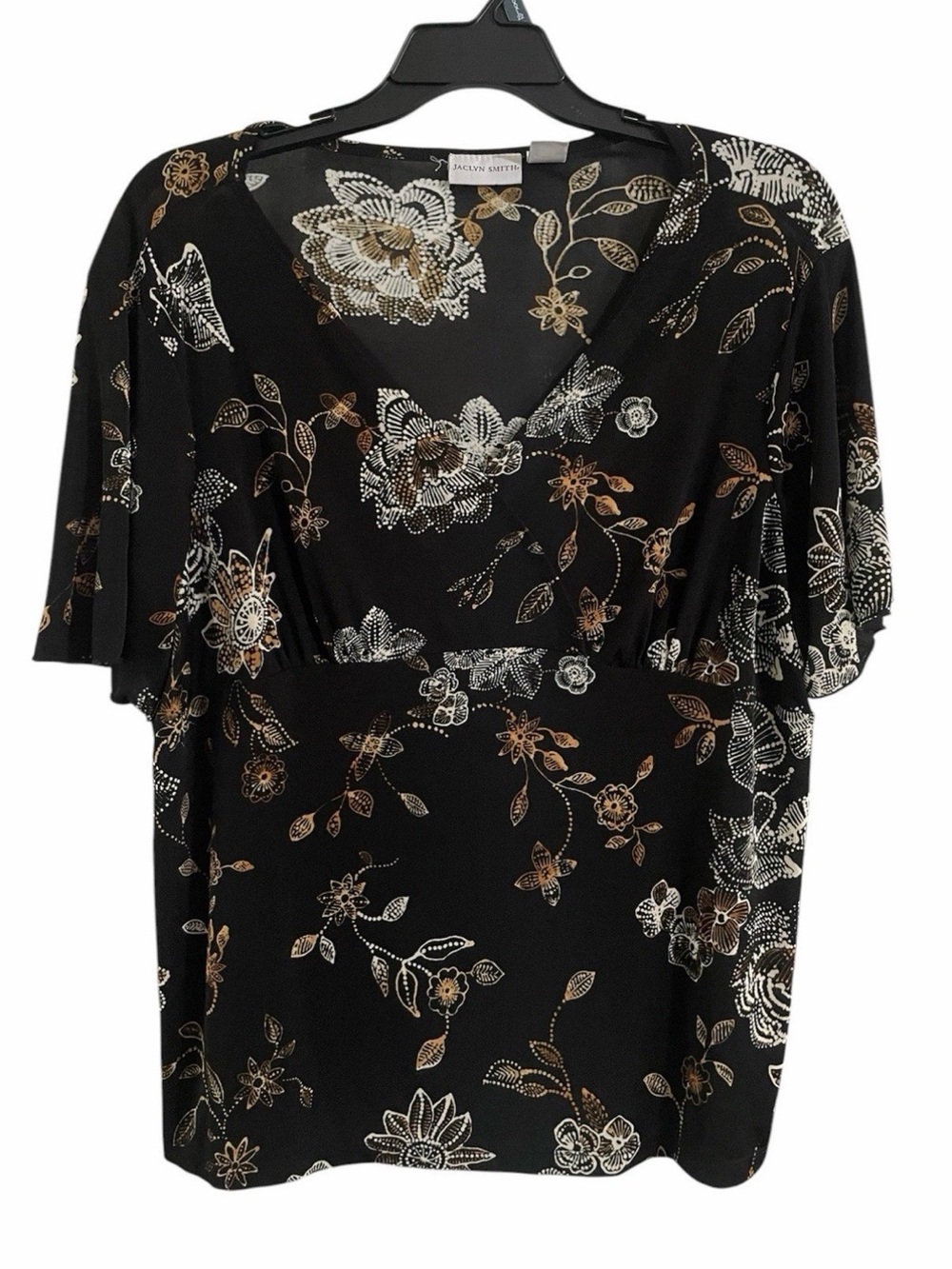 Womens Plus Size 1X Jaclyn Smith Black Multi Floral Short Sleeve Shirt Slinky